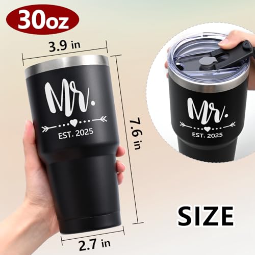 Gtmileo Mr and Mrs Gifts, Mr and Mrs EST 2025 Stainless Steel Insulated Tumbler Set, Wedding Gifts for Couples Bride To Be, Mr and Mrs Cups, Bridal Shower Gifts Wedding Registry(30oz, Black&White)