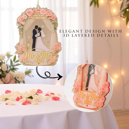 Wedding Gifts for Couples 2025, 3D Acrylic Double Layers Wedding Ornament 2025, Just Married Ornament, Mr and Mrs Ornaments, Car Hanging Ornament, Bride Gift, Gift for Newlyweds (Pink)