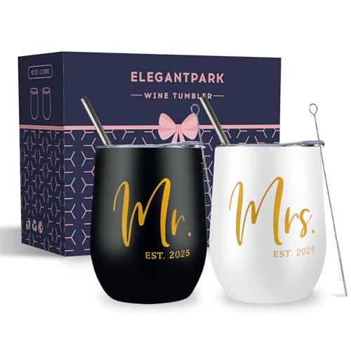 ELEGANTPARK Mr and Mrs Gifts Wedding Gifts for Couples 2025 Newlyweds Engagement Present for Bride and Groom Cups Stainless Steel Mr & Mrs Wine Tumbler with Lid and Straw 12 OZ
