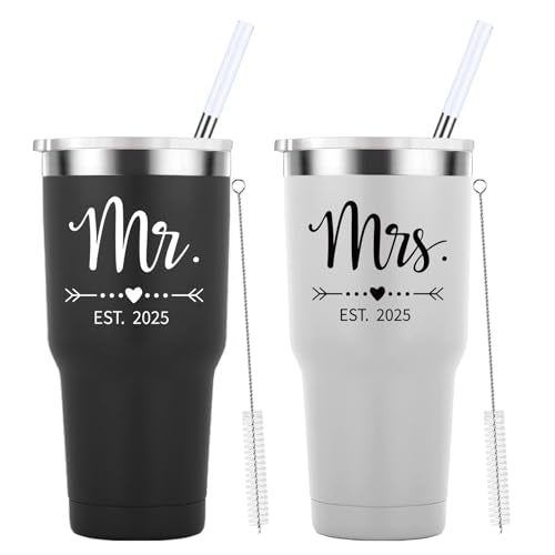 Mamihlap Mr and Mrs Est 2025 Travel Mug 30oz Tumbler.Newlyweds Couples Wife Bride To Be Newly Engaged Bridal Shower Gifts.Wedding Tumbler Idea for Bridal Showers Engagement.(Black&White)