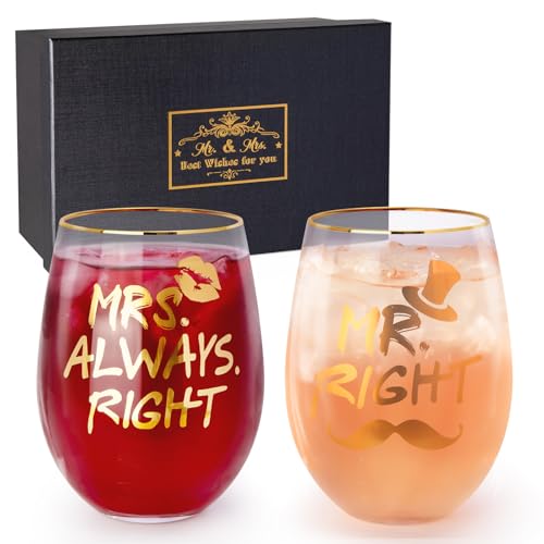 Mr Right and Mrs Always Right Wine Glass - Wedding Gifts for Bride and Groom - Gifts for Bridal Shower Engagement Wedding and Married Couples Anniversary