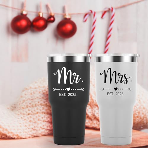 Mamihlap Mr and Mrs Est 2025 Travel Mug 30oz Tumbler.Newlyweds Couples Wife Bride To Be Newly Engaged Bridal Shower Gifts.Wedding Tumbler Idea for Bridal Showers Engagement.(Black&White)