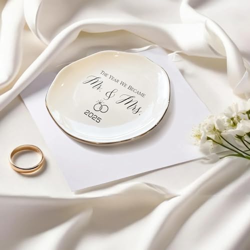 The Year We Became Mr & Mrs 2025 Ring Dish - Elegant Ceramic Ring Holder for Engagement, Wedding, and Bridal Shower Gifts - Honeymoon Keepsake for Friends, Newlyweds, and Bride-to-Be