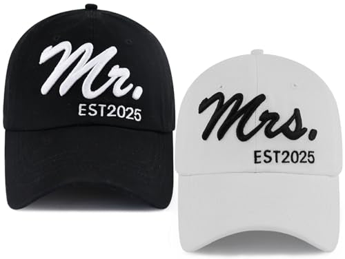 2PCS Mr Mrs Baseball Hats for Men Women, Newlywed Honeymoon Wedding Gifts, Funny Adjustable 3D Embroidered Hat Couples Set