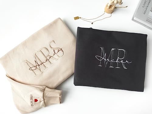 Custom Embroidered Mr & Mrs Sweatshirt & Hoodie, Personalized Couple Names, Custom Anniversary Date On Sleeve With Heart, Gifts For Wife, Husband, Gift For Anniversary, Couple Gifts