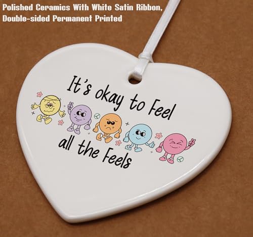 Funny Inspirational Quotes Gifts, Affirmations Educational Present,Mental Health-Positive Motivational Encouragement Present,It's Ok to Feel-Ceramic Heart Shaped Ornament