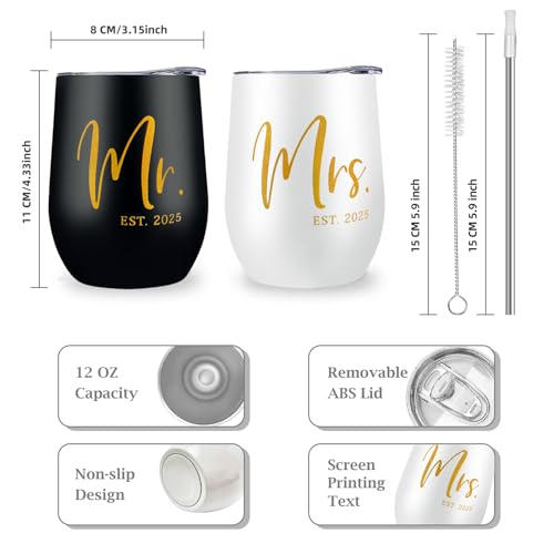 ELEGANTPARK Mr and Mrs Gifts Wedding Gifts for Couples 2025 Newlyweds Engagement Present for Bride and Groom Cups Stainless Steel Mr & Mrs Wine Tumbler with Lid and Straw 12 OZ