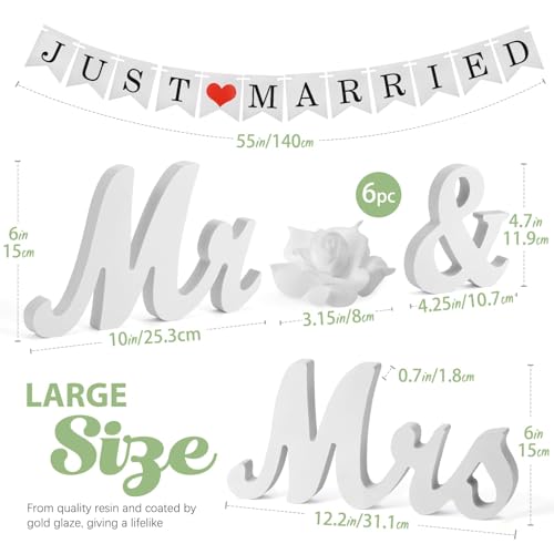 White Wooden Mr and Mrs Signs for Wedding Table, Wooden Wedding Table Signs for Ceremony and Reception - Centerpiece Decorations with Just Married Banner Gifts
