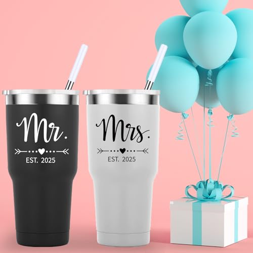 Mamihlap Mr and Mrs Est 2025 Travel Mug 30oz Tumbler.Newlyweds Couples Wife Bride To Be Newly Engaged Bridal Shower Gifts.Wedding Tumbler Idea for Bridal Showers Engagement.(Black&White)