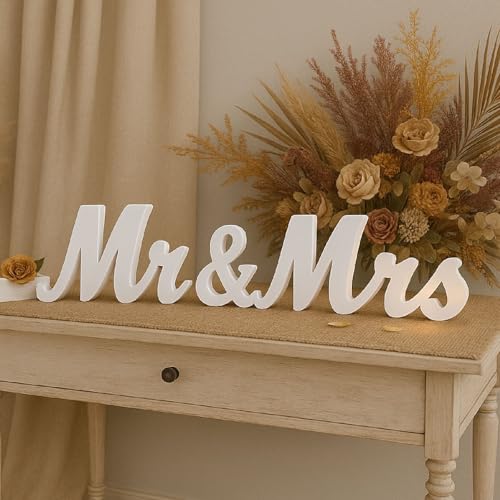 MR and MRS Sign for Wedding Table, Large Wooden Sweetheart Table Decoration for Reception, Freestanding Letters Centerpieces Decor for Ceremony, Anniversary, Valentine's Day, Bride and Groom (White)