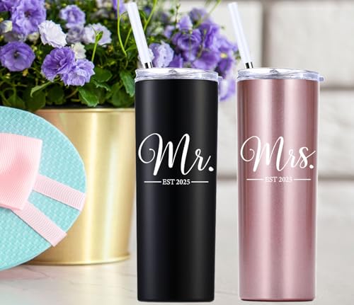momocici Mr and Mrs Est 2025 20 OZ Skinny Tumbler.Engagement Wedding Wife Husband Bride Groom Couple Gifts.Newlyweds Anniversary Bride To Be Newly Engaged Bridal Shower Gifts.(Black&Rose Gold)