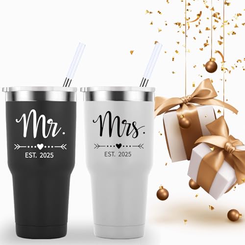 Mamihlap Mr and Mrs Est 2025 Travel Mug 30oz Tumbler.Newlyweds Couples Wife Bride To Be Newly Engaged Bridal Shower Gifts.Wedding Tumbler Idea for Bridal Showers Engagement.(Black&White)