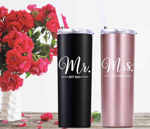 momocici Mr and Mrs Est 2025 20 OZ Skinny Tumbler.Engagement Wedding Wife Husband Bride Groom Couple Gifts.Newlyweds Anniversary Bride To Be Newly Engaged Bridal Shower Gifts.(Black&Rose Gold)