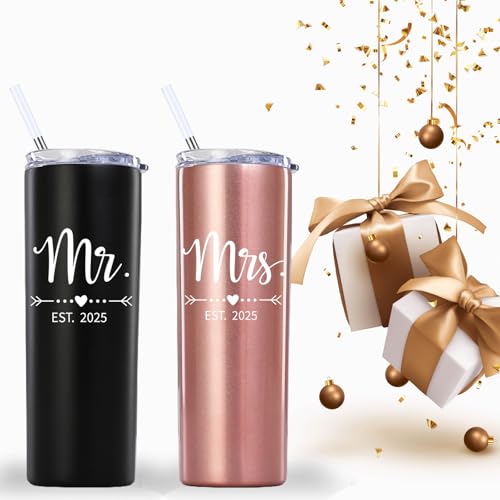 Mamihlap Mr and Mrs Est 2025 Skinny Tumbler.Newlyweds Couples Wife Bride To Be Newly Engaged Bridal Shower Gifts.Wedding Tumbler Idea for Bridal Showers Engagement.(20oz Black&Rose Gold)