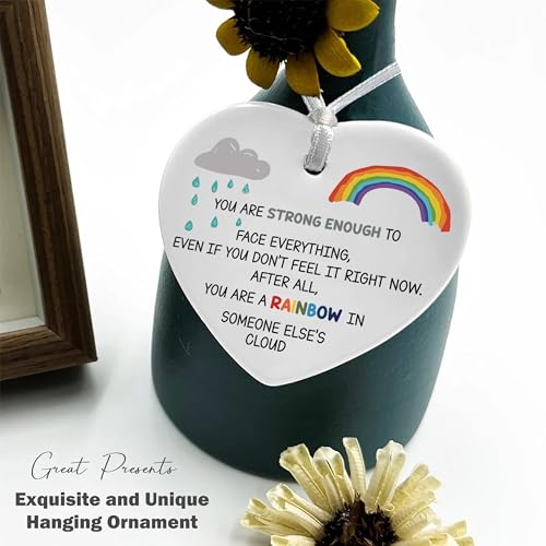 Inspirational Affirmations and Funny Reminder - Positive Motivational Encouragement Gift - You Are Strong Enough Rainbow Rain Theme Ceramic Heart Shaped Ornament