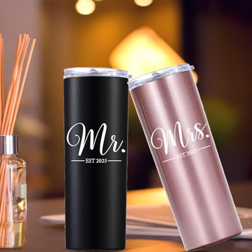 momocici Mr and Mrs Est 2025 20 OZ Skinny Tumbler.Engagement Wedding Wife Husband Bride Groom Couple Gifts.Newlyweds Anniversary Bride To Be Newly Engaged Bridal Shower Gifts.(Black&Rose Gold)