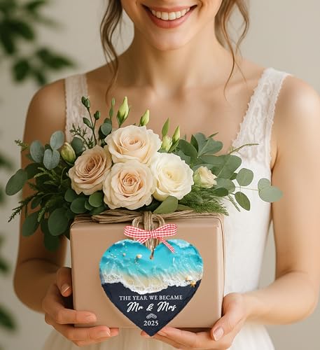 First Christmas Married Ornament 2025, Wedding Gifts for Couples, The Year We Became Mr and Mrs, Newlywed Just Married 1st Xmas Gift for Bridal Shower, Stone Ornament HOT25