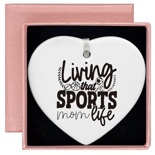 Living That Sports Mom Life for Sports Mama-Sports Women Gift-Mom Life Theme-Mother Gift from Daughter Son-Birthday Christmas New Year Gift-Ceramic Heart Shaped Ornament