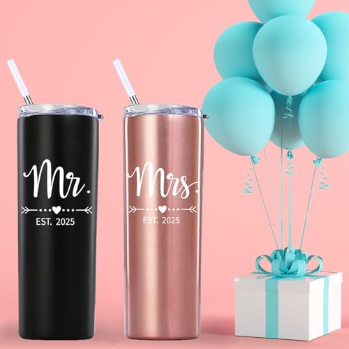 Mamihlap Mr and Mrs Est 2025 Skinny Tumbler.Newlyweds Couples Wife Bride To Be Newly Engaged Bridal Shower Gifts.Wedding Tumbler Idea for Bridal Showers Engagement.(20oz Black&Rose Gold)