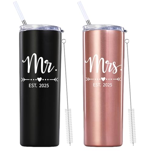 Mamihlap Mr and Mrs Est 2025 Skinny Tumbler.Newlyweds Couples Wife Bride To Be Newly Engaged Bridal Shower Gifts.Wedding Tumbler Idea for Bridal Showers Engagement.(20oz Black&Rose Gold)
