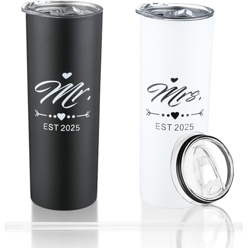 Mr and Mrs 2025 Tumbler Set, Engagement Wedding Gifts for Couples Wife Husband Bride To Be Newly Engaged 20oz Travel Tumbler Bachelorette Party Gifts