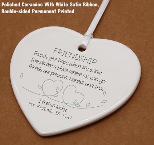 Friendship Gifts for Best Friends,BFF,Sister,Bestie,Thank You,Thanksgiving Birthday, Appreciate Present-Ceramic Heart Shaped Ornament with Present Box-So Lucky My Friend is You
