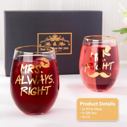 Mr Right and Mrs Always Right Wine Glass - Wedding Gifts for Bride and Groom - Gifts for Bridal Shower Engagement Wedding and Married Couples Anniversary