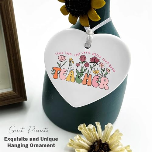 Floral Teacher Appreciation Gifts,Teach Them Love Them Watch Them Grow,Teacher Gifts,Thank You Gifts for Teachers,Teachers Appreciation Week Gifts, for Teacher-Heart Shaped Ornament