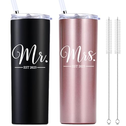 momocici Mr and Mrs Est 2025 20 OZ Skinny Tumbler.Engagement Wedding Wife Husband Bride Groom Couple Gifts.Newlyweds Anniversary Bride To Be Newly Engaged Bridal Shower Gifts.(Black&Rose Gold)