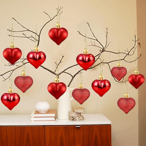 12 Pcs Heart Ornaments for Christmas Tree, 3 Styles Small Red Christmas Ornaments, Valentine Ornaments for Small Tree, Shatterproof Plastic Christmas Ornaments Set