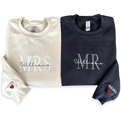 Custom Embroidered Mr & Mrs Sweatshirt & Hoodie, Personalized Couple Names, Custom Anniversary Date On Sleeve With Heart, Gifts For Wife, Husband, Gift For Anniversary, Couple Gifts