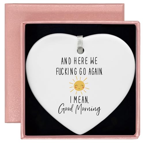 Here We Fucking Go Again-Trash Talk,Sass,Snark-Ton of Swears-Funny New Year Birthday Christmas Mom Gift-Sarcastic Gag Presents for Her Women Friends-Ceramic Heart Shaped Ornament with Gift Box