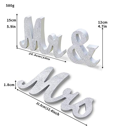 Wooden Mr and Mrs Sign, Rustic Mr. & Mrs. Letters Wedding Signs for Wedding Table, Miss Mr. Deroation for Photo Props/Party Table/Anniversary/Valentine's Day/Wedding & Engagement, Silver