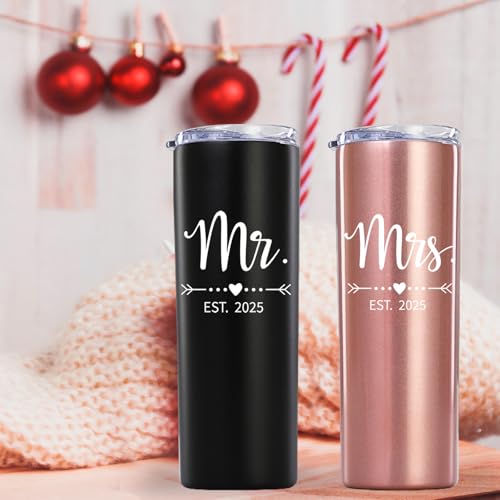 Mamihlap Mr and Mrs Est 2025 Skinny Tumbler.Newlyweds Couples Wife Bride To Be Newly Engaged Bridal Shower Gifts.Wedding Tumbler Idea for Bridal Showers Engagement.(20oz Black&Rose Gold)
