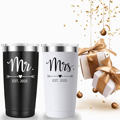 Mamihlap Mr and Mrs Est 2025 Travel Mug Tumbler.Newlyweds Couples Wife Bride To Be Newly Engaged Bridal Shower Gifts.Wedding Tumbler Idea for Bridal Showers Engagement.(20oz Black&White)