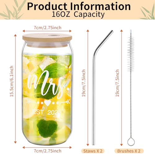 Mr & Mrs Coffee Cups 2025 Gift Set, Wedding & Engagement Gifts for Couples - His & Hers Glass Tumbler Set With Straw