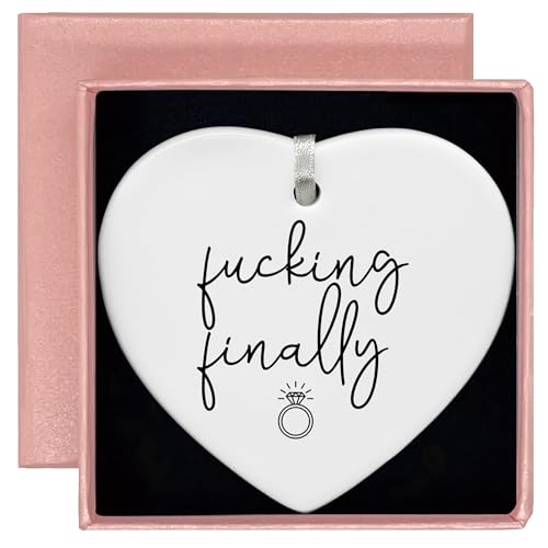 Funny Engagement Gift for Bride-Bride to Be-Newly Engaged-Bridal Shower Gifts for Her-Bachelorette Party Present for Women-Heart Shaped Ornament With Present Box-Fucking Finally