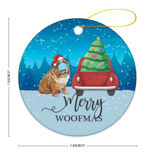 Merry Woofmas Dog Ornament 3 Inch Bulldog Christmas Ornament, Family Hanging Tree Ornament, Keepsake Ornament Christmas Decorations, Ceramic Xmas Ornament
