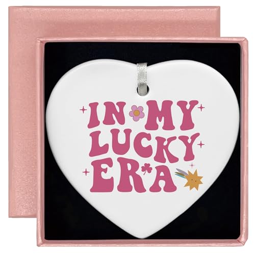 Lucky Gifts,Shamrock,Lucky Era,in My Lucky Era,Pride Shamrock,St Patricks Day Present,Lucky Charm,Birthday Ceramic Heart Shaped Ornament