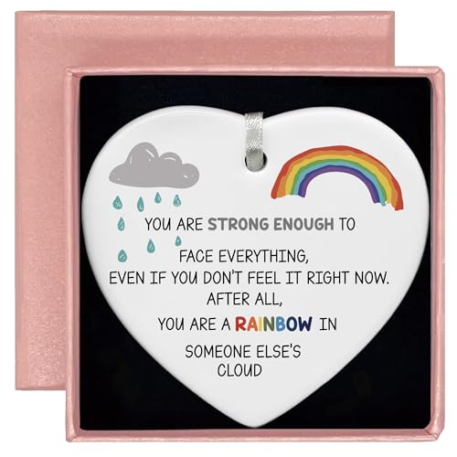 Inspirational Affirmations and Funny Reminder - Positive Motivational Encouragement Gift - You Are Strong Enough Rainbow Rain Theme Ceramic Heart Shaped Ornament
