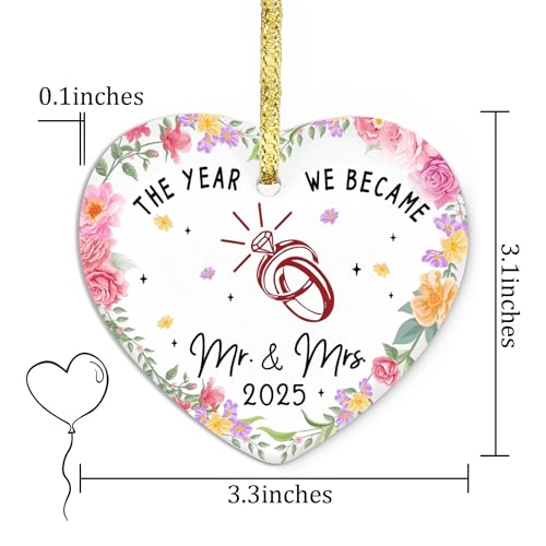 GOSSBY Ceramic Wedding Ornament 2025 - The Year We Became Mr Mrs - Newlywed, Just Married Gift for Couple - First Christmas Wedding Gift for Newlyweds, Bride, Groom - Bridal Shower Xmas Decoration
