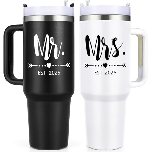 Qtencas Mr and Mrs Gifts, Mr and Mrs EST 2025 Stainless Steel Travel Tumblers Set, Engagement Wedding Gifts, 40 oz 2025 Travel Mug for Couples Newlyweds, Bridal Shower Anniversary Cups（Black & White）