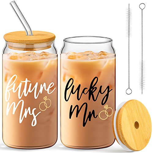Sieral 2 Sets Future Mrs Lucky Mr Iced Coffee Cups Wedding Bridal Shower Gift 16 oz Wedding Glasses for Bride and Groom Can Shaped Mr and Mrs Mugs Drinking Jars Married Couple's Cup Tumbler