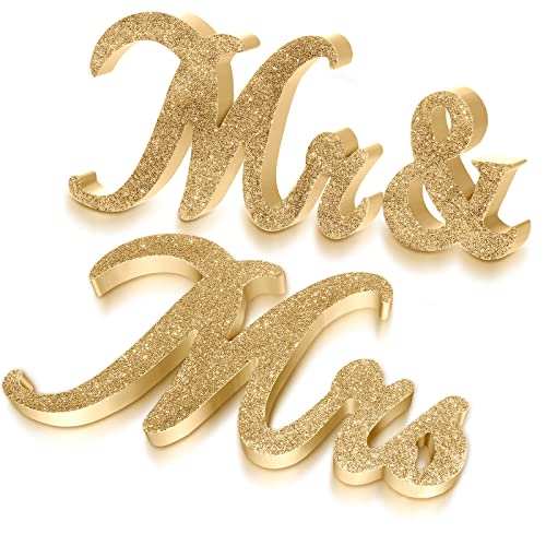 Jetec Mr and Mrs Sign Vintage Style Wooden Glitter Mr and Mrs Letters Sign Wedding Sweetheart Table Decorations for Wedding Party Photo Prop Table Decoration(Gold)