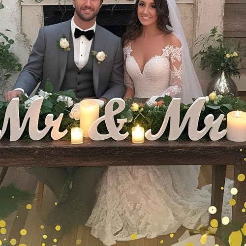 MR and MRS Sign for Wedding Table, Large Wooden Sweetheart Table Decoration for Reception, Freestanding Letters Centerpieces Decor for Ceremony, Anniversary, Valentine's Day, Bride and Groom (White)