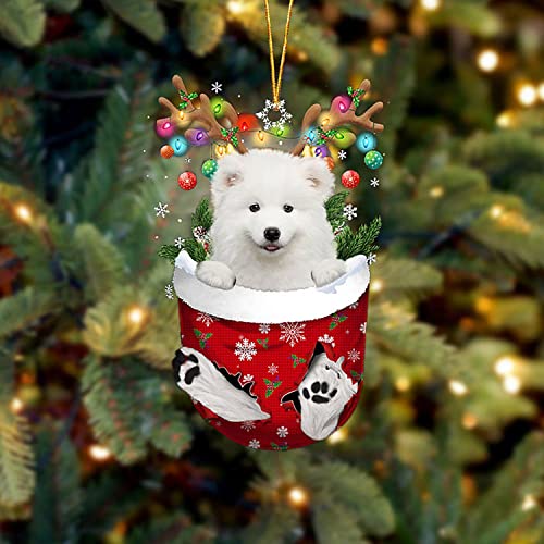 Samoyed in Snow Pocket Christmas Ornament Flat Acrylic Dog Ornament , Christmas Tree Hanging Décor Ornament