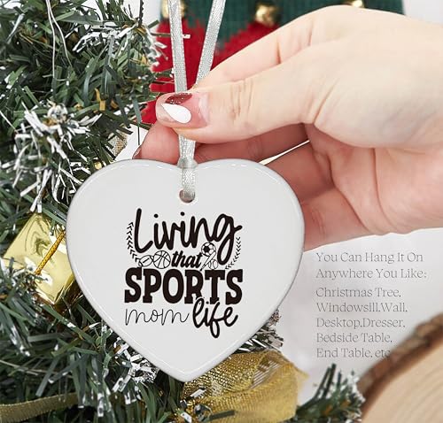Living That Sports Mom Life for Sports Mama-Sports Women Gift-Mom Life Theme-Mother Gift from Daughter Son-Birthday Christmas New Year Gift-Ceramic Heart Shaped Ornament