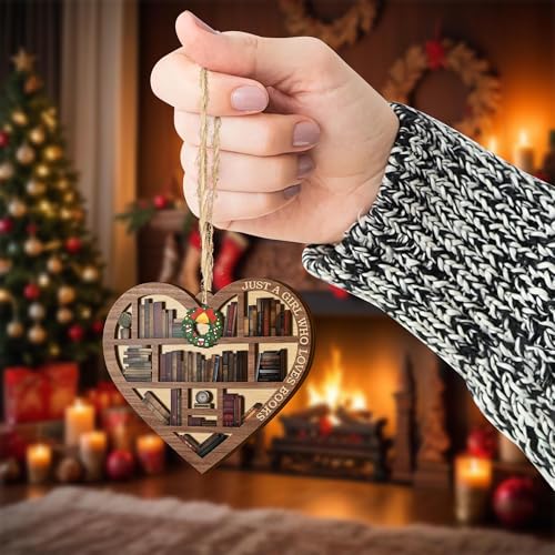 All Over Printed Book Lovers Ornament, Bookshelf Heart Christmas Ornament, 3.2"x3.5" 2 Layer, Gift for Girl Book Lovers, Gift Idea for Christmas