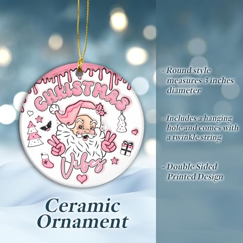 3D Effect Christmas Ornament 2024 | Christmas Vibes Cute Santa 3D Christmas Ornament, Funny Ornament, Christmas Tree with Pink Ornament (Christmas Vibes)