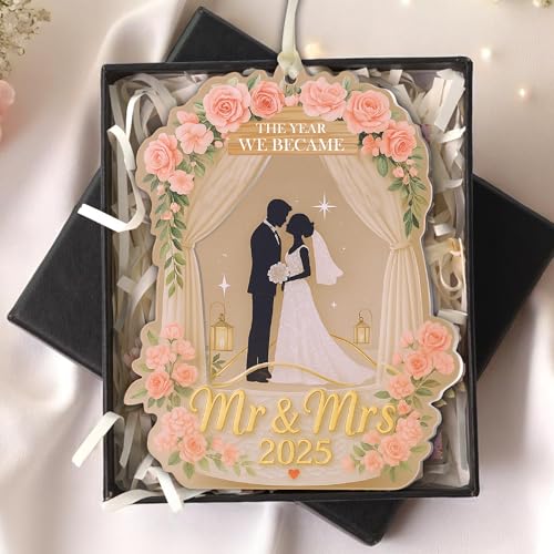 Wedding Gifts for Couples 2025, 3D Acrylic Double Layers Wedding Ornament 2025, Just Married Ornament, Mr and Mrs Ornaments, Car Hanging Ornament, Bride Gift, Gift for Newlyweds (Pink)